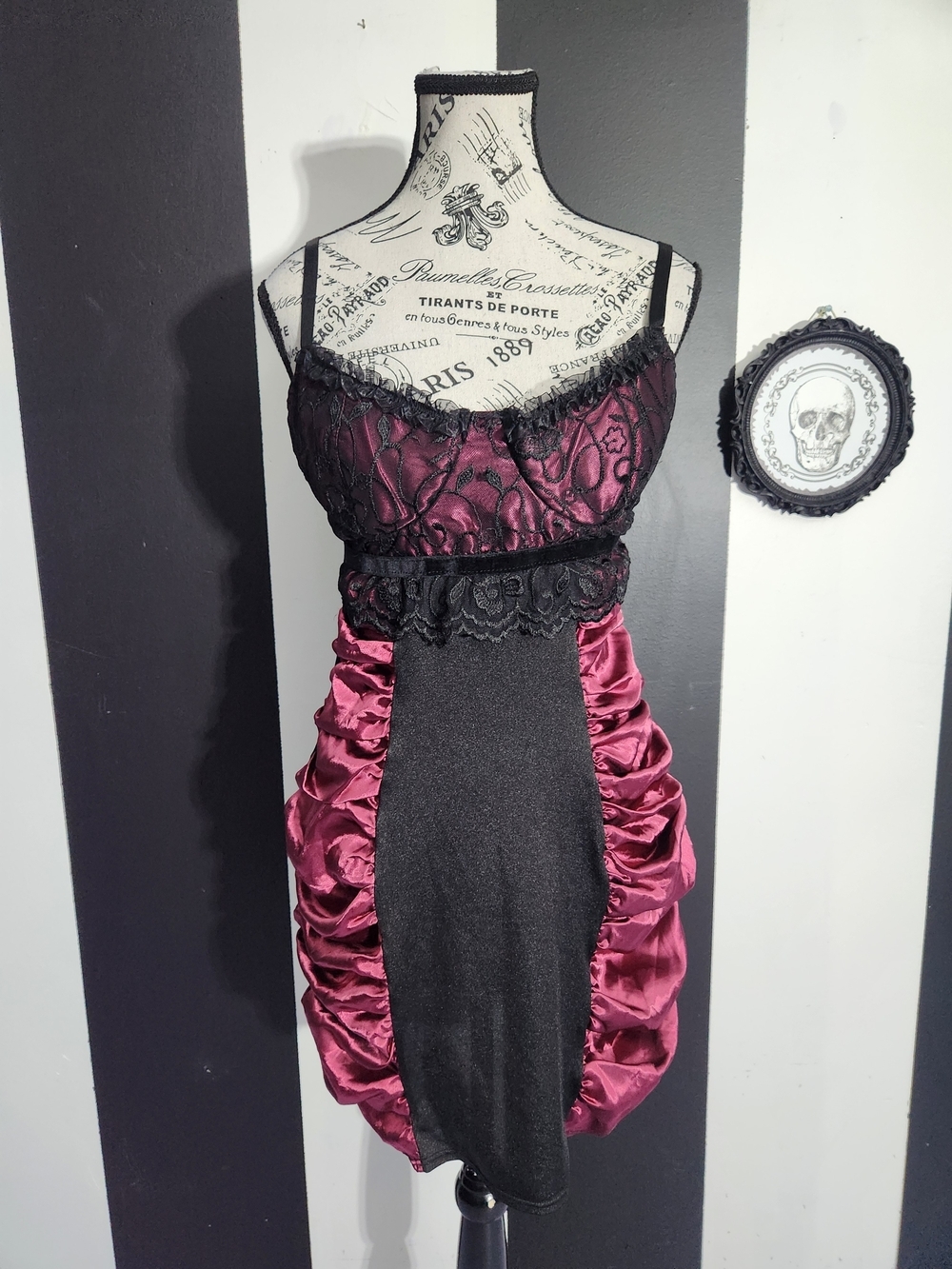 Black & Burgundy Satin Lace Bustier Dress